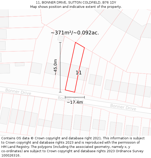 11, BONNER DRIVE, SUTTON COLDFIELD, B76 1DY: Plot and title map