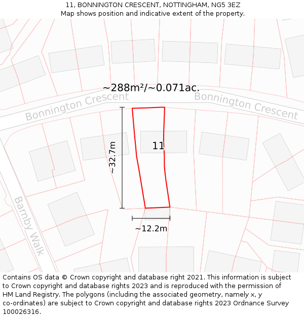 11, BONNINGTON CRESCENT, NOTTINGHAM, NG5 3EZ: Plot and title map