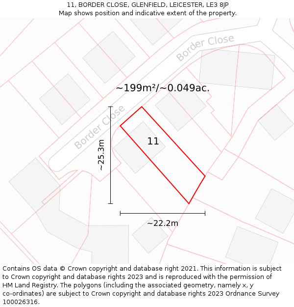 11, BORDER CLOSE, GLENFIELD, LEICESTER, LE3 8JP: Plot and title map