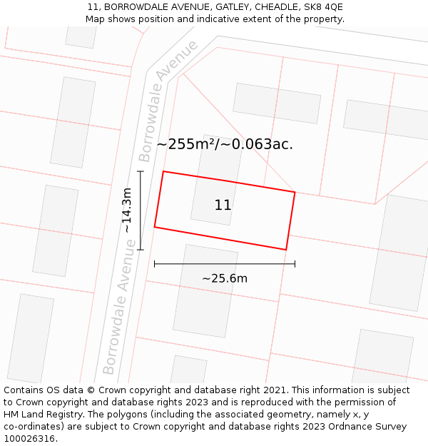11, BORROWDALE AVENUE, GATLEY, CHEADLE, SK8 4QE: Plot and title map