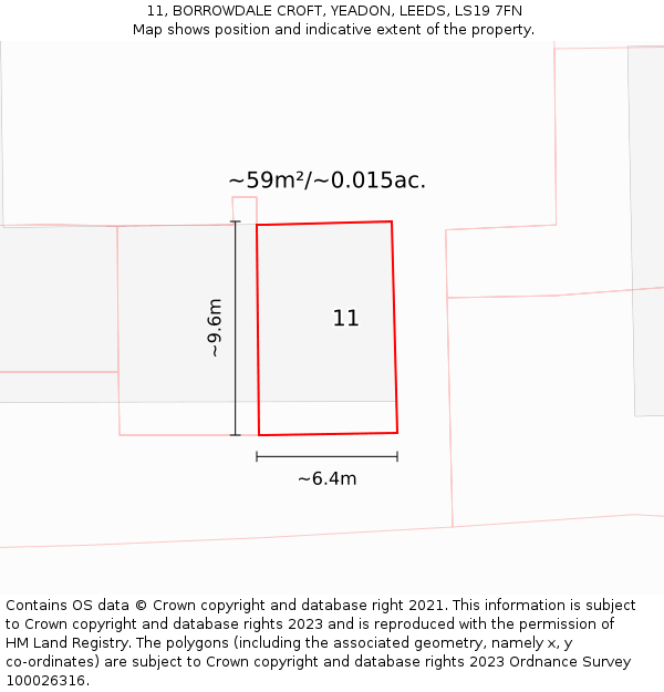 11, BORROWDALE CROFT, YEADON, LEEDS, LS19 7FN: Plot and title map