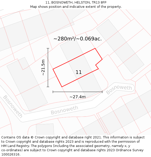 11, BOSNOWETH, HELSTON, TR13 8FP: Plot and title map