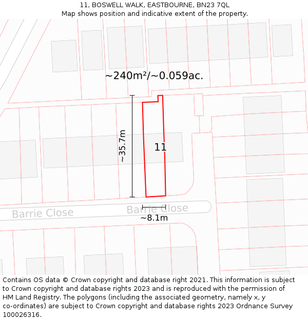 11, BOSWELL WALK, EASTBOURNE, BN23 7QL: Plot and title map