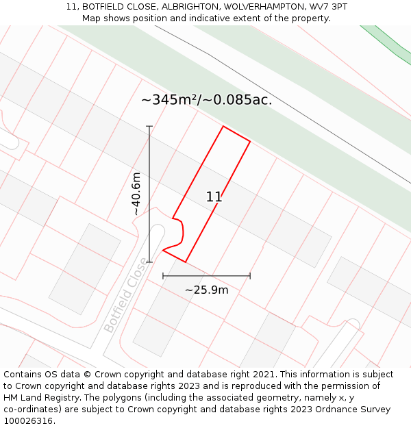 11, BOTFIELD CLOSE, ALBRIGHTON, WOLVERHAMPTON, WV7 3PT: Plot and title map