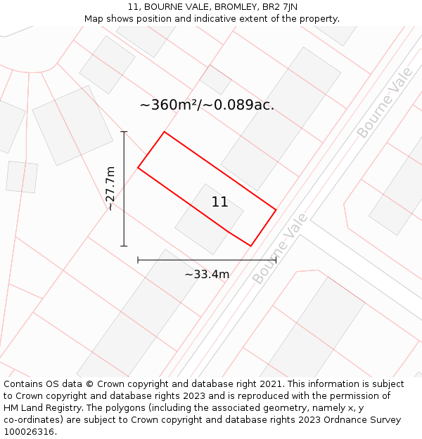 11, BOURNE VALE, BROMLEY, BR2 7JN: Plot and title map