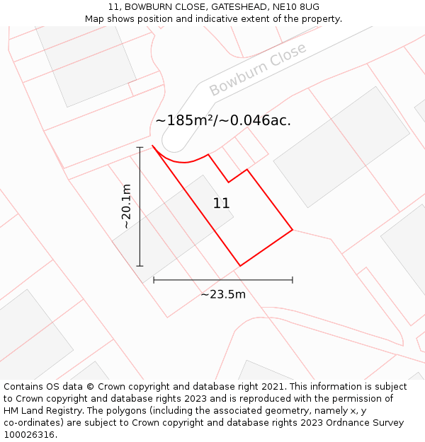 11, BOWBURN CLOSE, GATESHEAD, NE10 8UG: Plot and title map