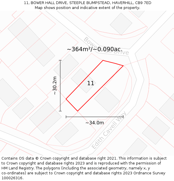 11, BOWER HALL DRIVE, STEEPLE BUMPSTEAD, HAVERHILL, CB9 7ED: Plot and title map