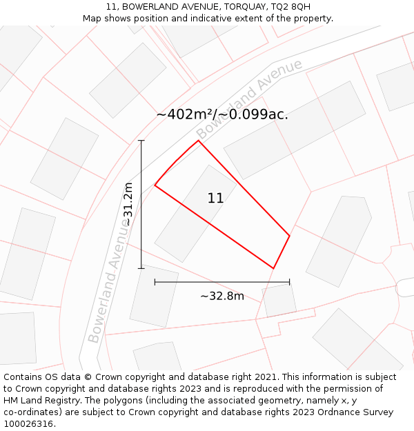 11, BOWERLAND AVENUE, TORQUAY, TQ2 8QH: Plot and title map