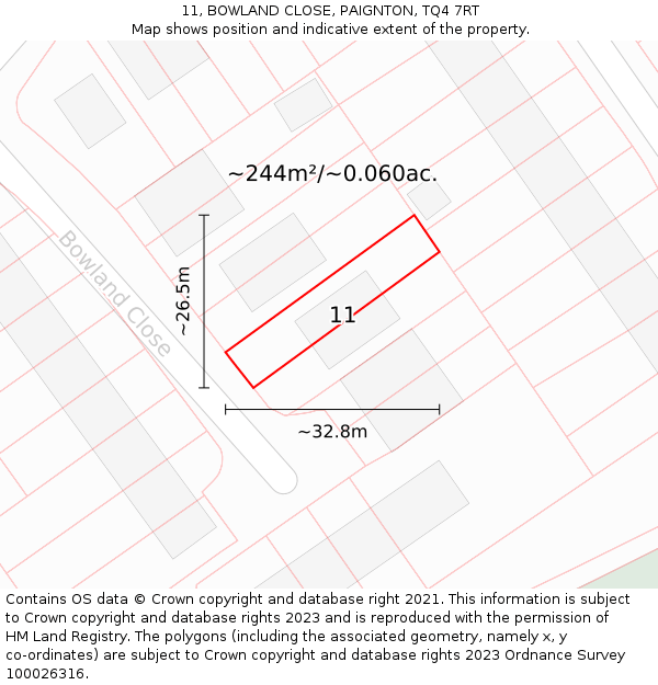 11, BOWLAND CLOSE, PAIGNTON, TQ4 7RT: Plot and title map