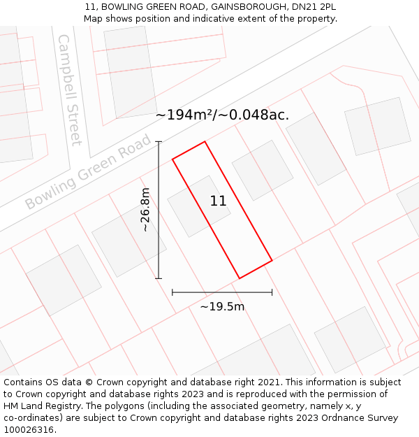 11, BOWLING GREEN ROAD, GAINSBOROUGH, DN21 2PL: Plot and title map