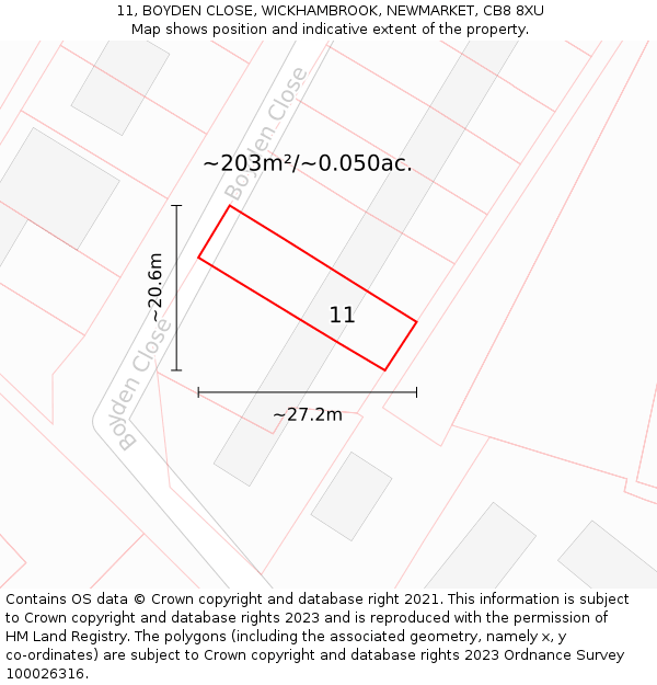 11, BOYDEN CLOSE, WICKHAMBROOK, NEWMARKET, CB8 8XU: Plot and title map