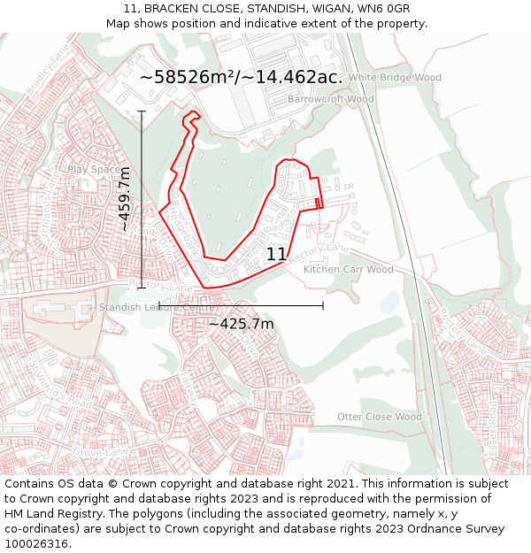11, BRACKEN CLOSE, STANDISH, WIGAN, WN6 0GR: Plot and title map