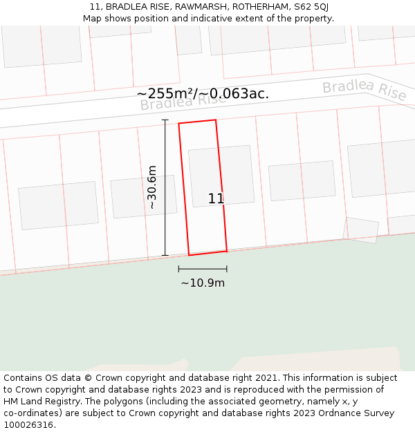11, BRADLEA RISE, RAWMARSH, ROTHERHAM, S62 5QJ: Plot and title map