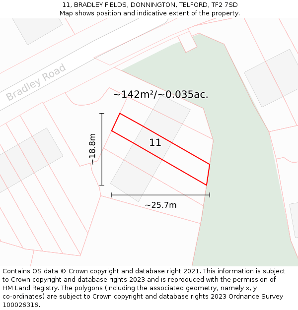 11, BRADLEY FIELDS, DONNINGTON, TELFORD, TF2 7SD: Plot and title map