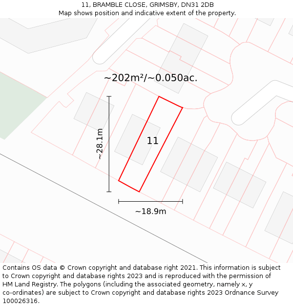 11, BRAMBLE CLOSE, GRIMSBY, DN31 2DB: Plot and title map