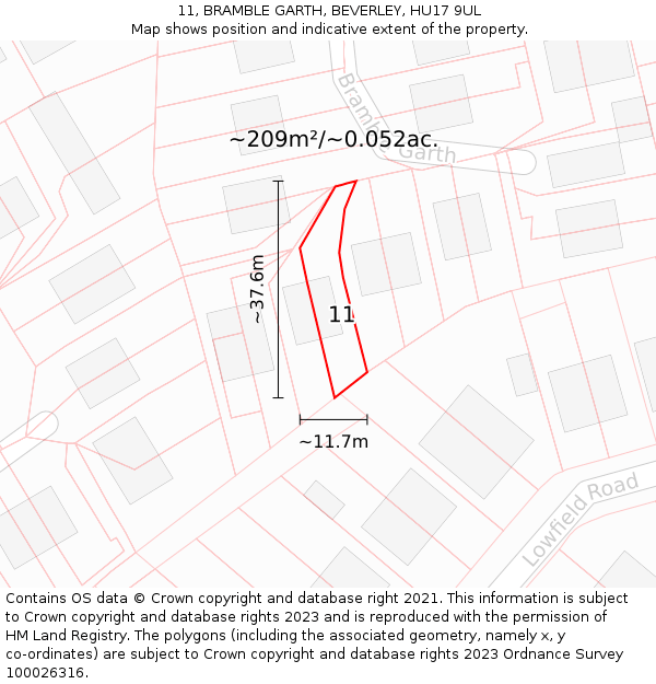 11, BRAMBLE GARTH, BEVERLEY, HU17 9UL: Plot and title map