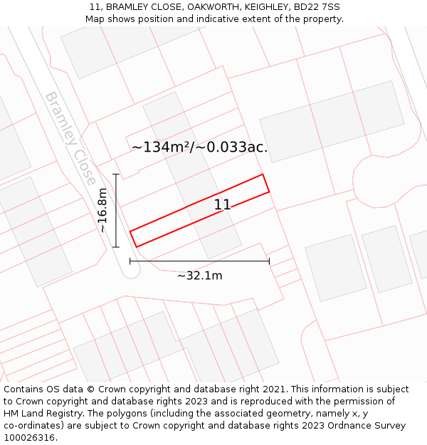 11, BRAMLEY CLOSE, OAKWORTH, KEIGHLEY, BD22 7SS: Plot and title map