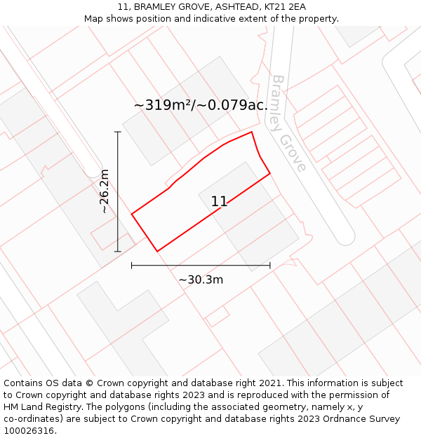 11, BRAMLEY GROVE, ASHTEAD, KT21 2EA: Plot and title map