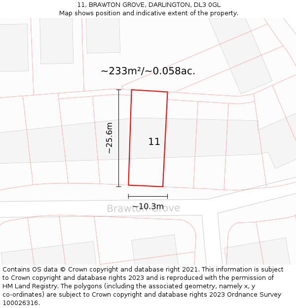11, BRAWTON GROVE, DARLINGTON, DL3 0GL: Plot and title map
