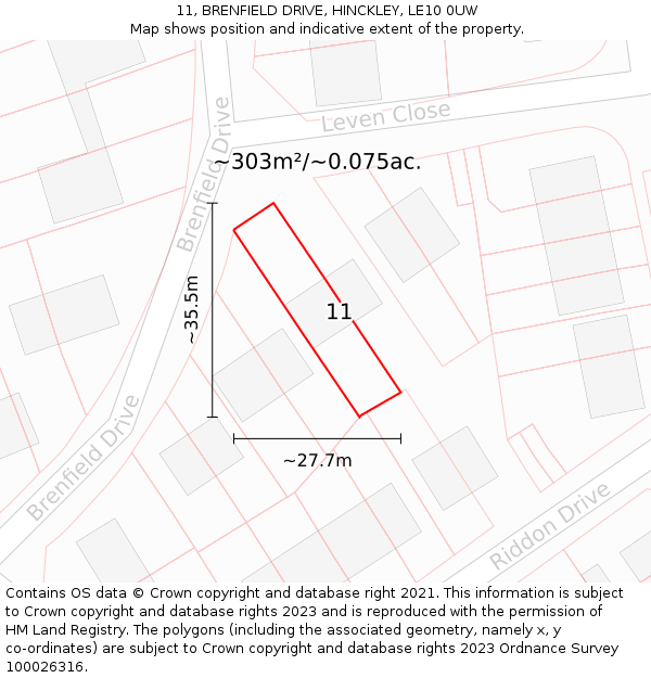 11, BRENFIELD DRIVE, HINCKLEY, LE10 0UW: Plot and title map