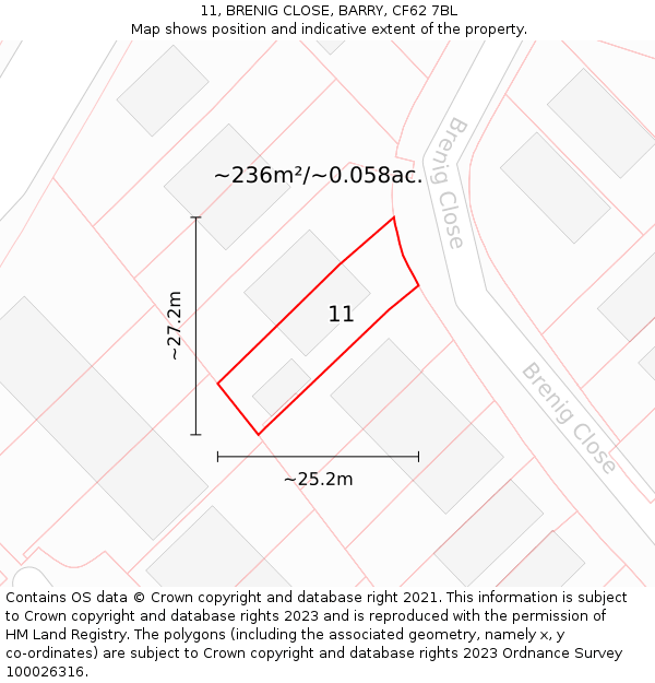 11, BRENIG CLOSE, BARRY, CF62 7BL: Plot and title map