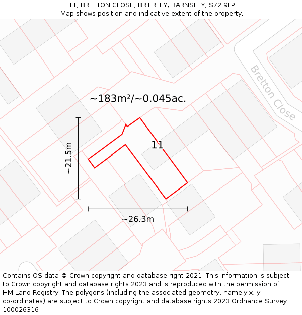 11, BRETTON CLOSE, BRIERLEY, BARNSLEY, S72 9LP: Plot and title map