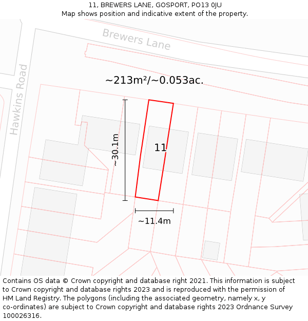 11, BREWERS LANE, GOSPORT, PO13 0JU: Plot and title map