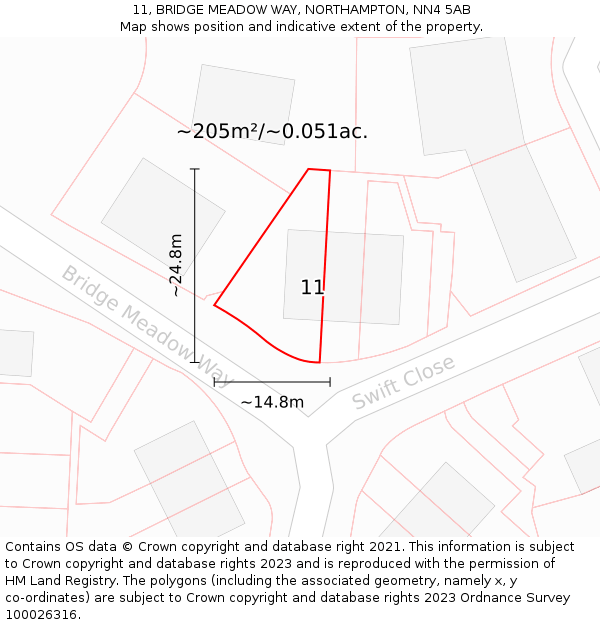 11, BRIDGE MEADOW WAY, NORTHAMPTON, NN4 5AB: Plot and title map