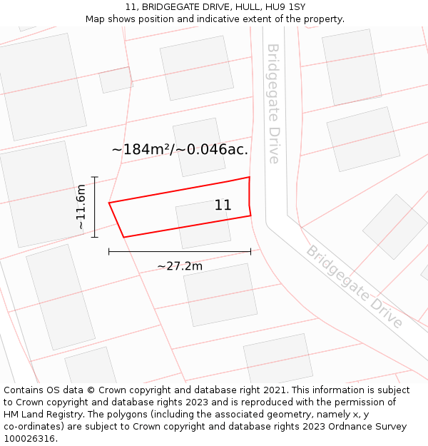 11, BRIDGEGATE DRIVE, HULL, HU9 1SY: Plot and title map