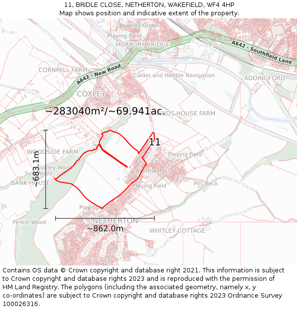 11, BRIDLE CLOSE, NETHERTON, WAKEFIELD, WF4 4HP: Plot and title map