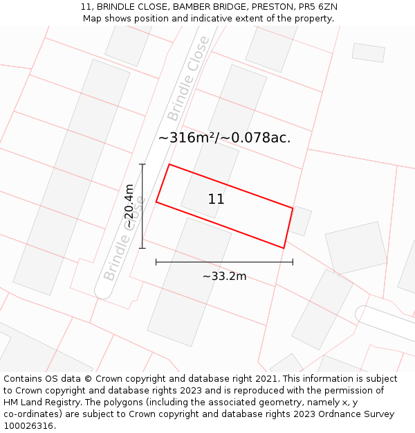 11, BRINDLE CLOSE, BAMBER BRIDGE, PRESTON, PR5 6ZN: Plot and title map