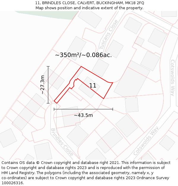11, BRINDLES CLOSE, CALVERT, BUCKINGHAM, MK18 2FQ: Plot and title map