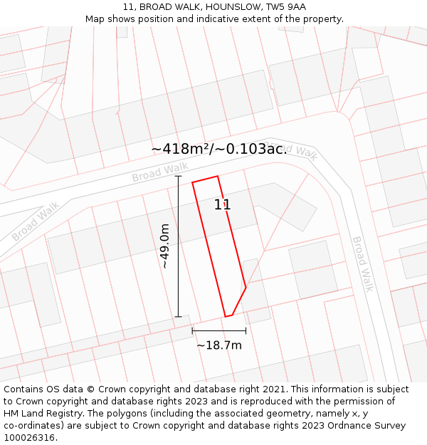 11, BROAD WALK, HOUNSLOW, TW5 9AA: Plot and title map
