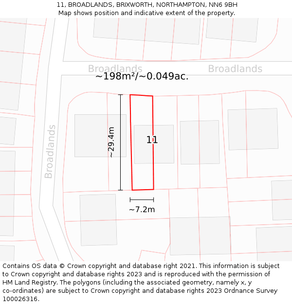 11, BROADLANDS, BRIXWORTH, NORTHAMPTON, NN6 9BH: Plot and title map