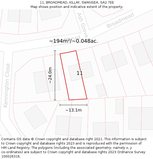 11, BROADMEAD, KILLAY, SWANSEA, SA2 7EE: Plot and title map