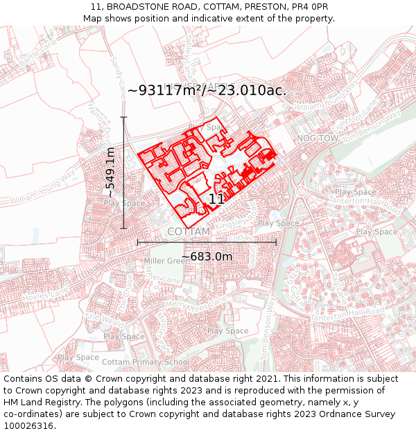 11, BROADSTONE ROAD, COTTAM, PRESTON, PR4 0PR: Plot and title map