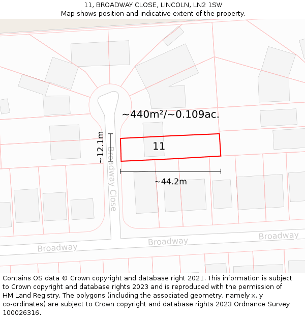 11, BROADWAY CLOSE, LINCOLN, LN2 1SW: Plot and title map