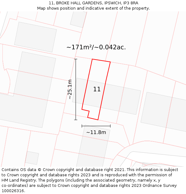 11, BROKE HALL GARDENS, IPSWICH, IP3 8RA: Plot and title map