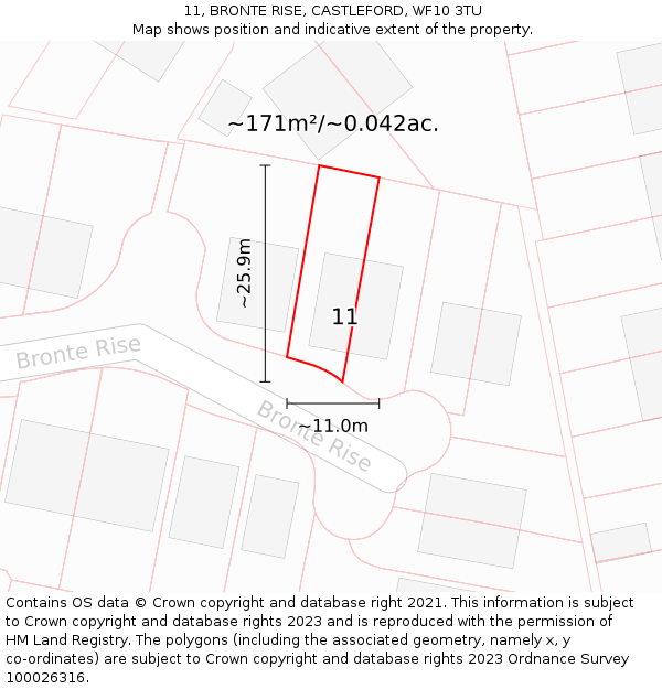 11, BRONTE RISE, CASTLEFORD, WF10 3TU: Plot and title map