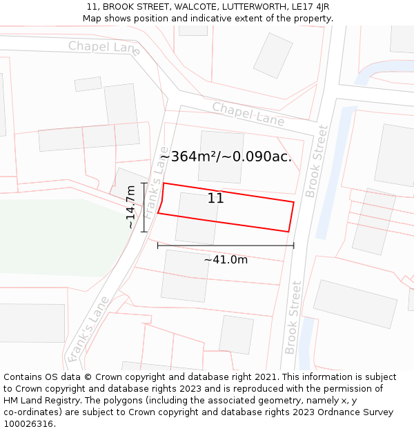 11, BROOK STREET, WALCOTE, LUTTERWORTH, LE17 4JR: Plot and title map