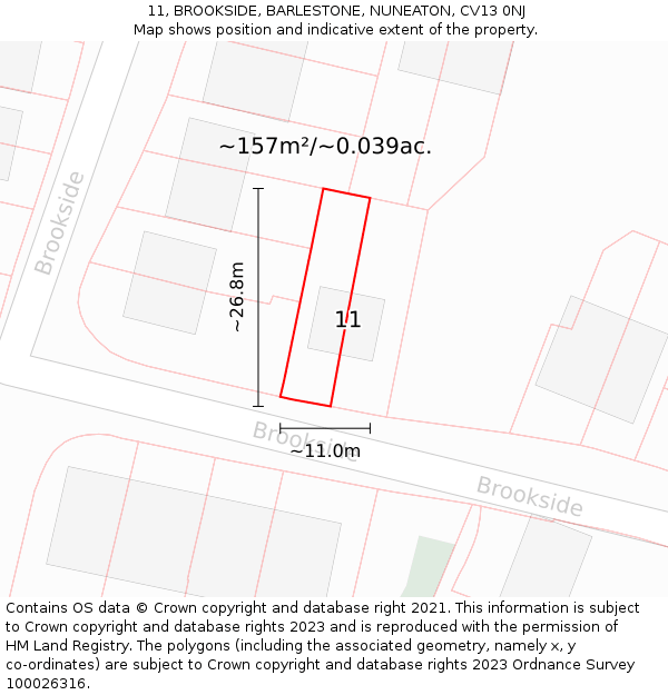 11, BROOKSIDE, BARLESTONE, NUNEATON, CV13 0NJ: Plot and title map