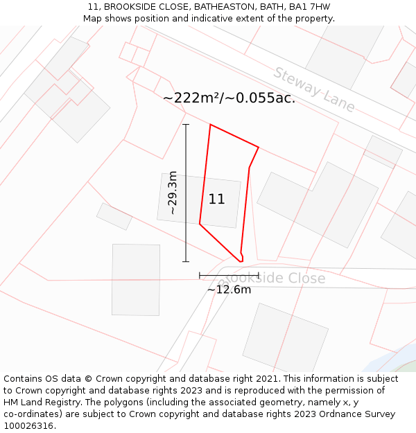 11, BROOKSIDE CLOSE, BATHEASTON, BATH, BA1 7HW: Plot and title map