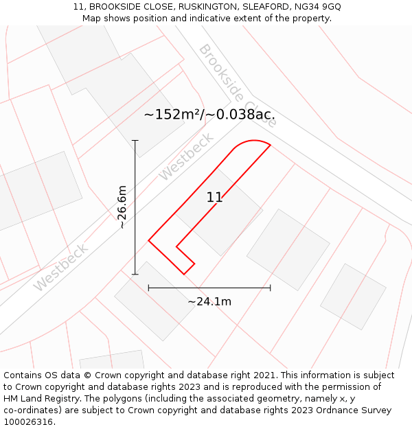 11, BROOKSIDE CLOSE, RUSKINGTON, SLEAFORD, NG34 9GQ: Plot and title map