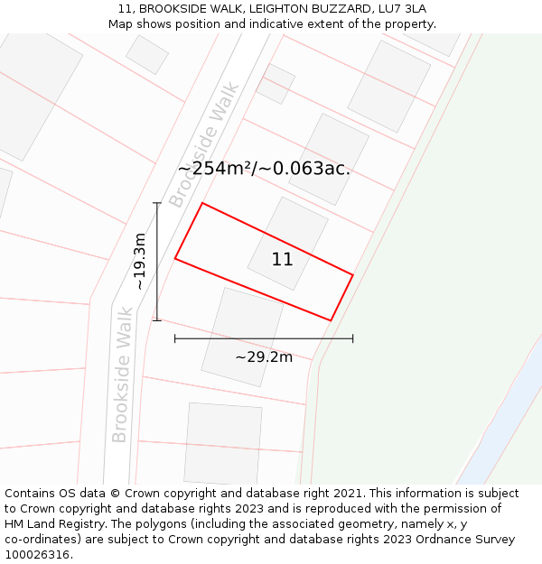 11, BROOKSIDE WALK, LEIGHTON BUZZARD, LU7 3LA: Plot and title map