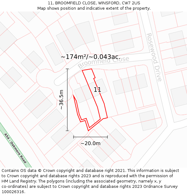 11, BROOMFIELD CLOSE, WINSFORD, CW7 2US: Plot and title map