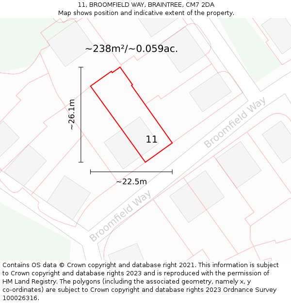 11, BROOMFIELD WAY, BRAINTREE, CM7 2DA: Plot and title map