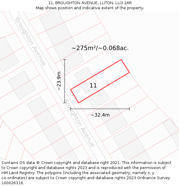 11, BROUGHTON AVENUE, LUTON, LU3 2AR: Plot and title map