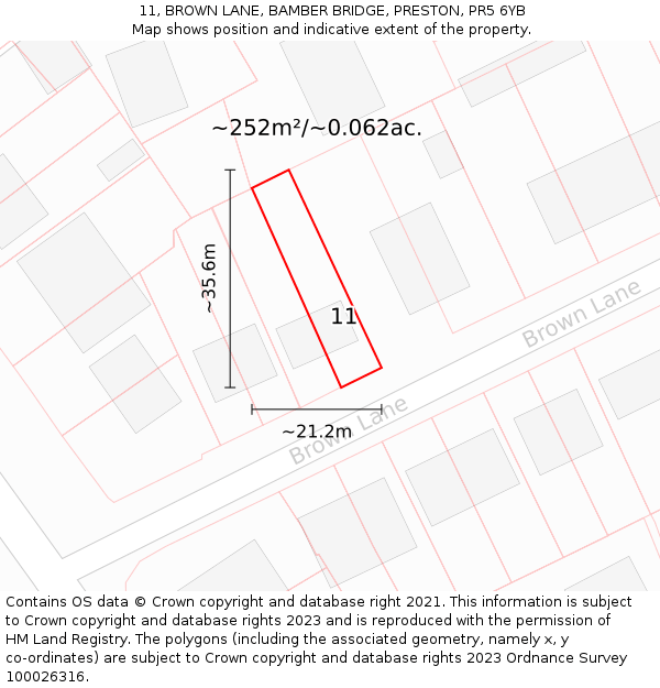 11, BROWN LANE, BAMBER BRIDGE, PRESTON, PR5 6YB: Plot and title map