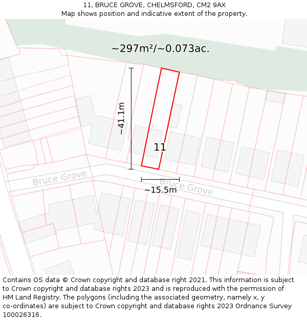 11, BRUCE GROVE, CHELMSFORD, CM2 9AX: Plot and title map