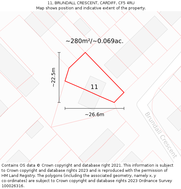 11, BRUNDALL CRESCENT, CARDIFF, CF5 4RU: Plot and title map